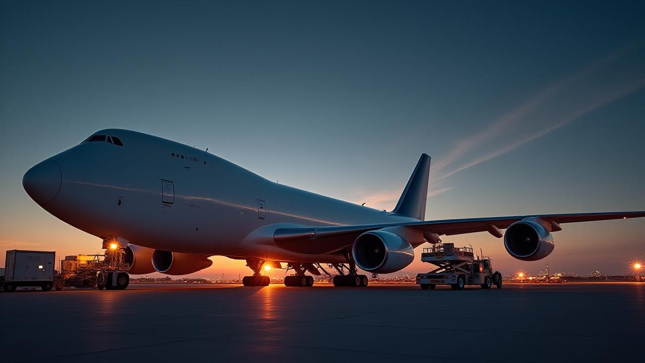Cargo aircraft being loaded under dramatic twilight sky