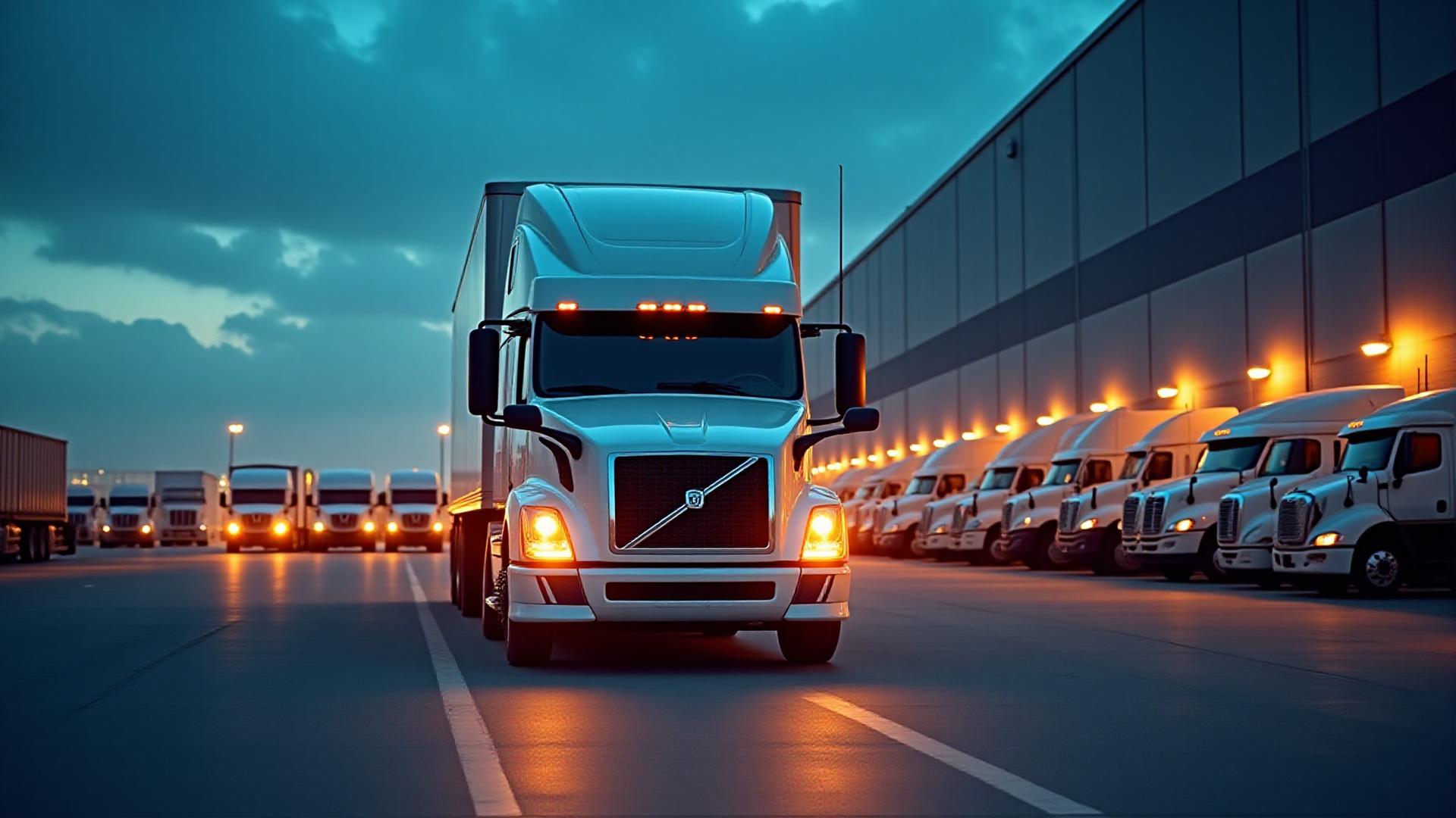 Row of high-end logistics trucks parked at a modern warehouse during twilight