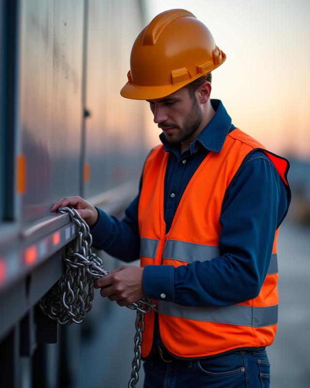 Safety inspector reviewing cargo securement on a flatbed trailer