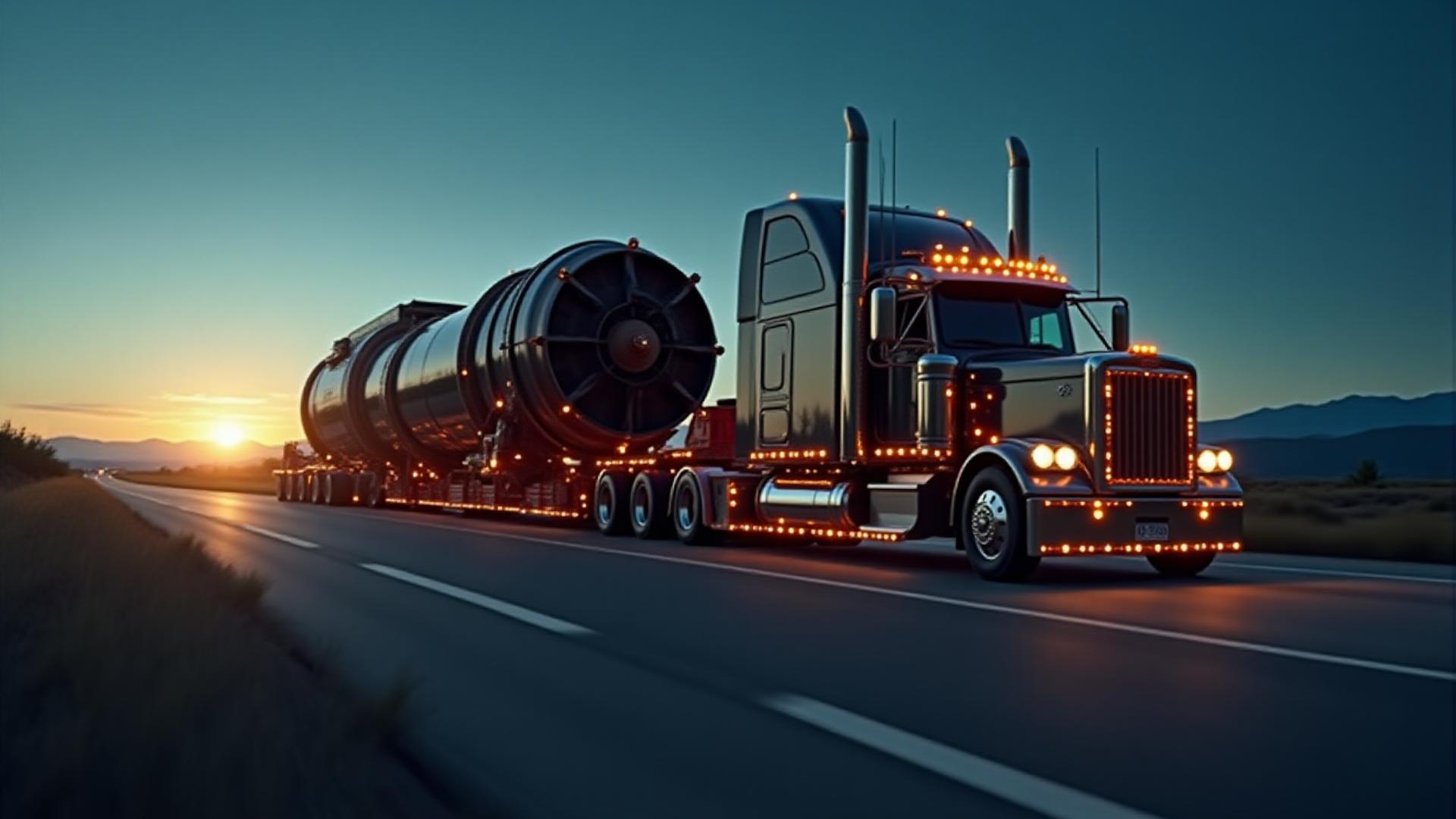 Oversized industrial equipment being transported on a specialized trailer at dusk