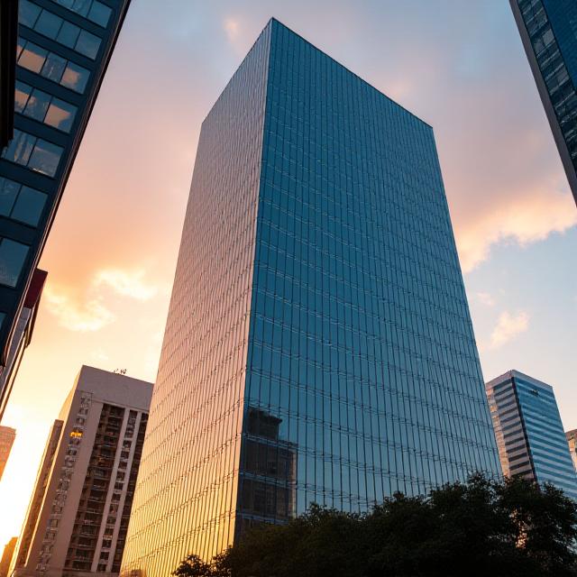 Professional glass building reflecting sunrise in Orlando, corporate headquarters