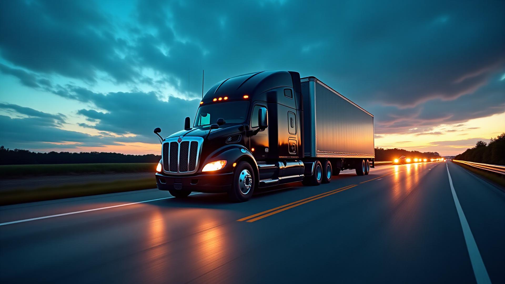 Strategic logistics command center showing heavy truck at dusk