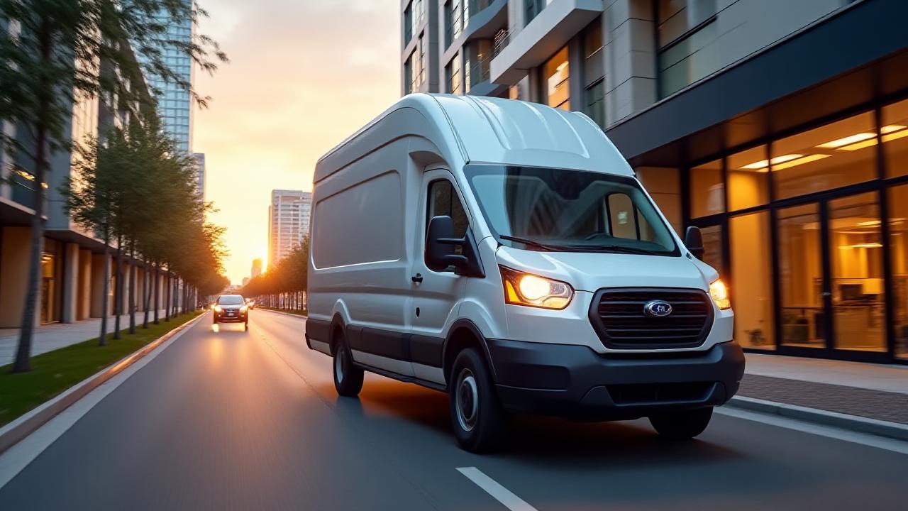 Browns Empire high-roof delivery van navigating a modern urban landscape at dawn