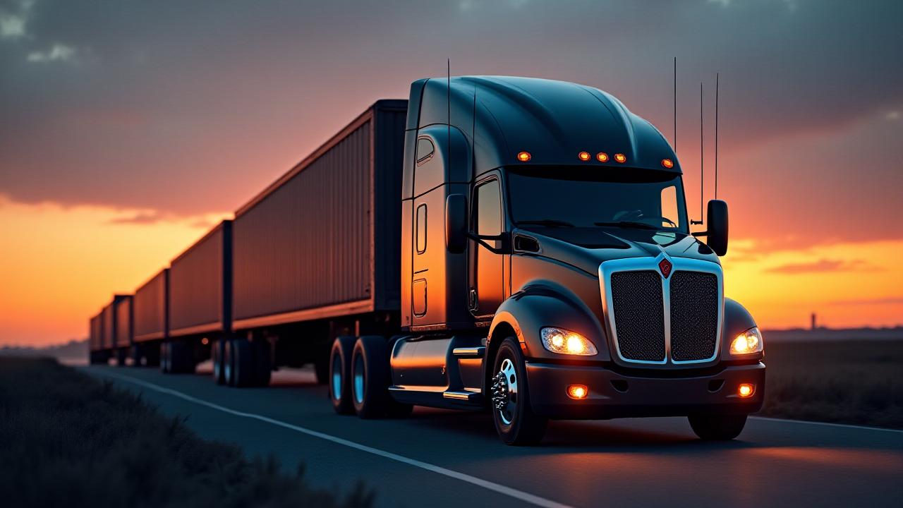 Intermodal transportation visual showing a Browns Empire heavy truck and a freight train moving in parallel during dusk.