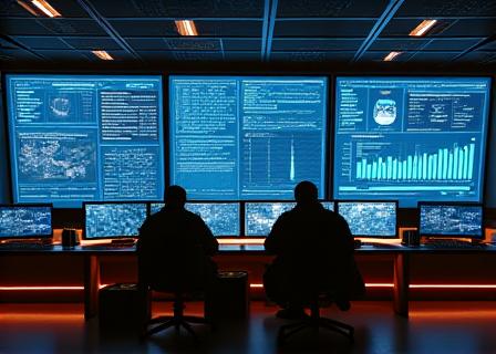 Logistics professionals monitoring international freight in a dark, high-tech control center